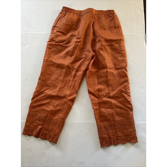 VTG 80s 90s Lino USA Orange Floral Decorated 100% Linen Pants Medium Summer - Picture 7 of 7